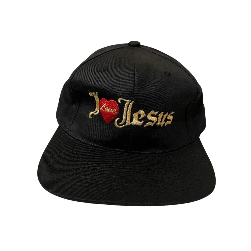Vintage 90s I Love Jesus Embroidered Black Snapback Hat Cap One Size Retro